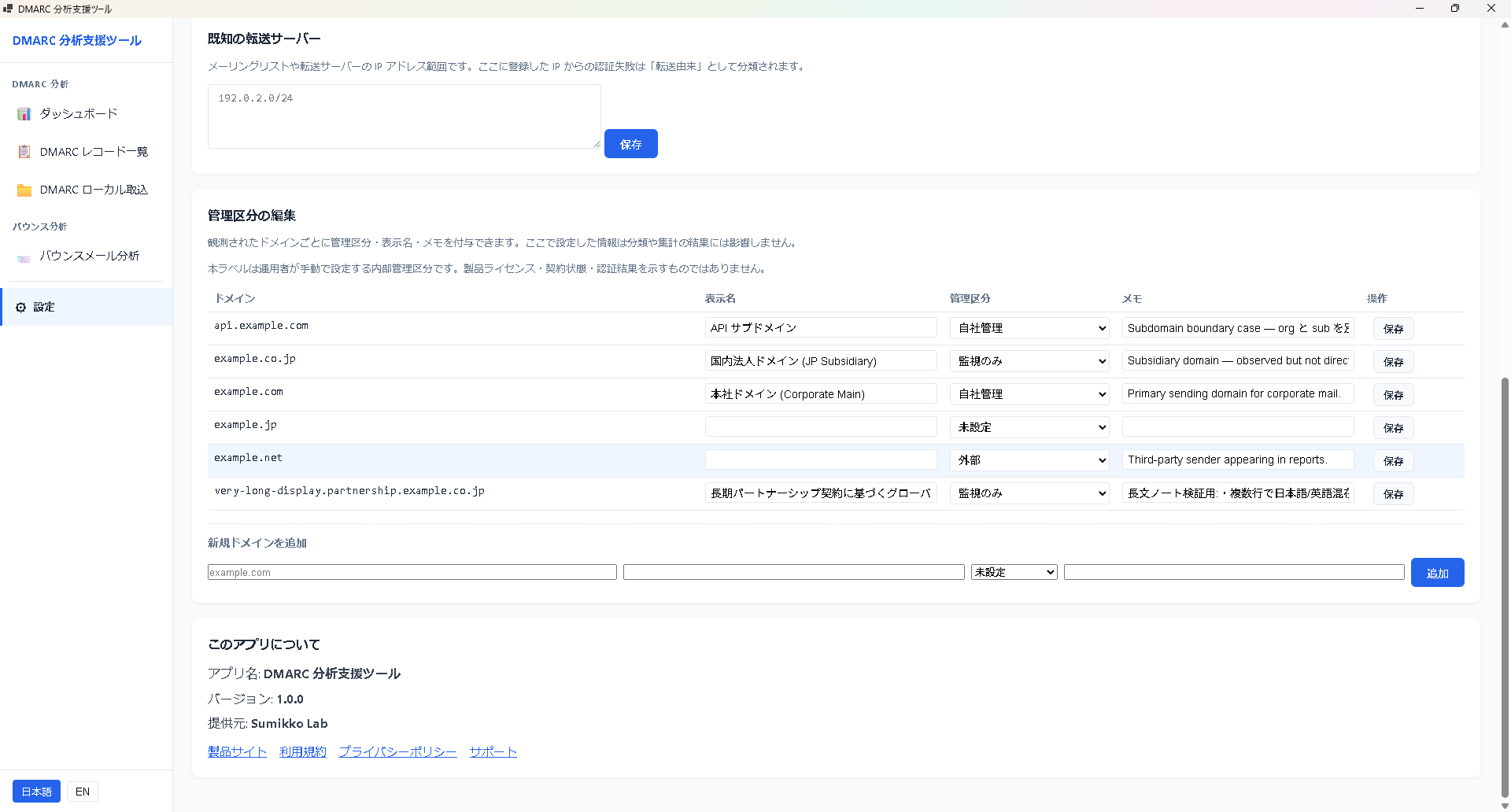 複数の受信ドメインをまとめて扱い、Managed / Monitored / External の管理区分を運用メモとして付与。組織の DMARC 統制を見える化します。